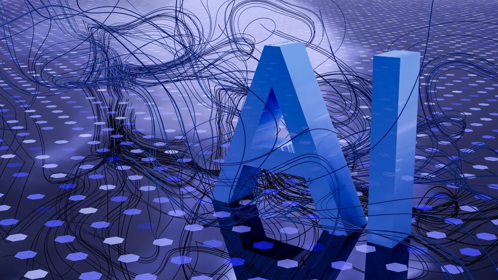 3D representation of the letters "AI" surrounded by flowing lines and hexagonal patterns, symbolizing the rise of artificial intelligence in digital marketing.
