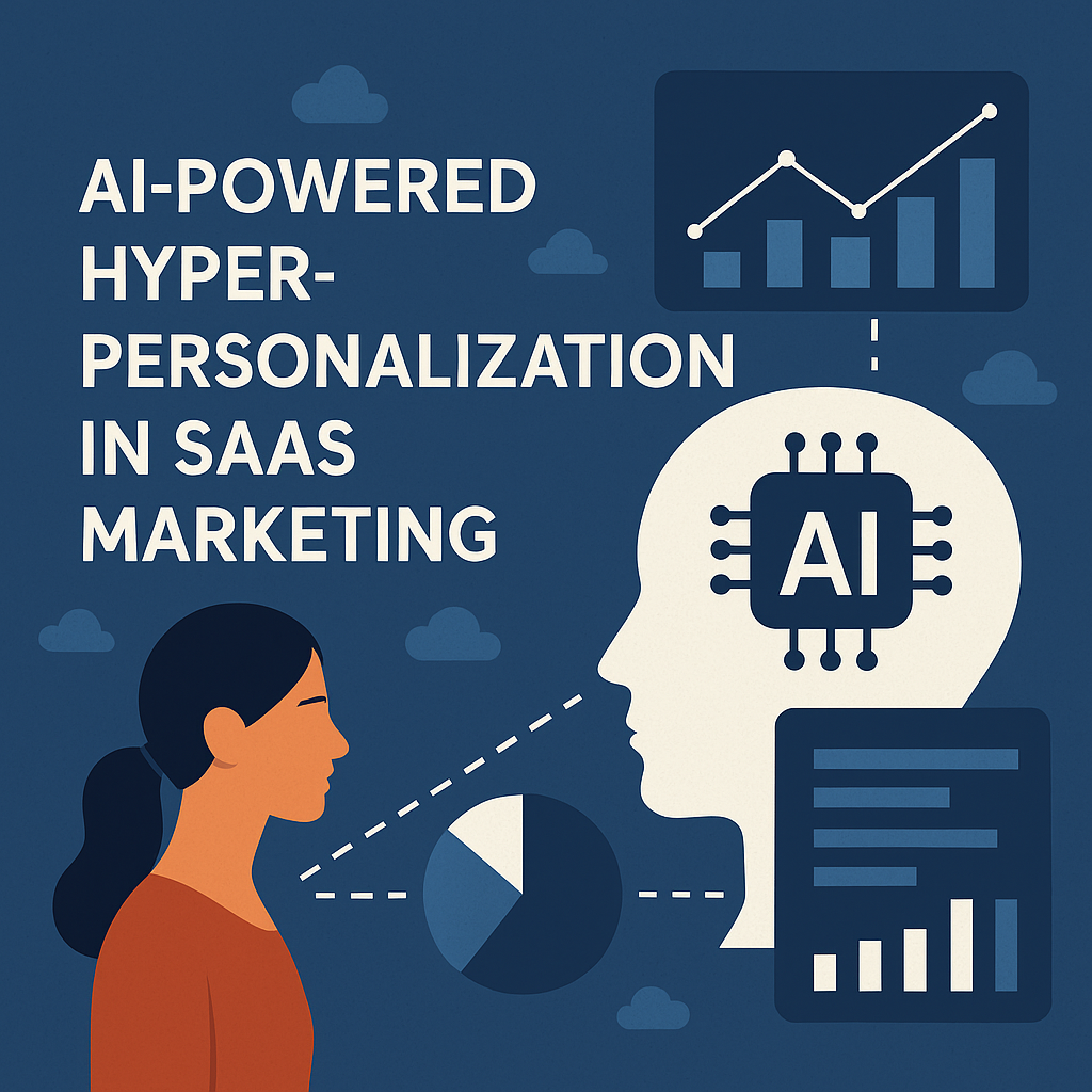 AI-powered hyper-personalization in SaaS marketing, featuring a woman and a graphic of a head with AI circuitry, alongside data visualizations and pie charts, symbolizing data-driven user experiences.