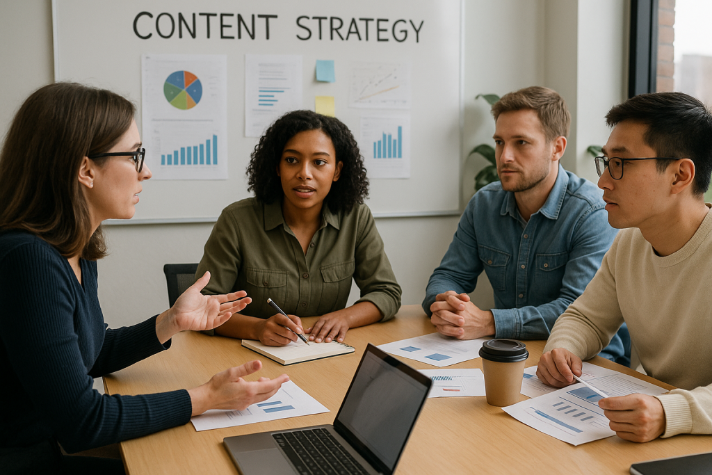 Group discussion on content strategy with diverse professionals analyzing data charts and graphs, emphasizing content experimentation and engagement in digital marketing.