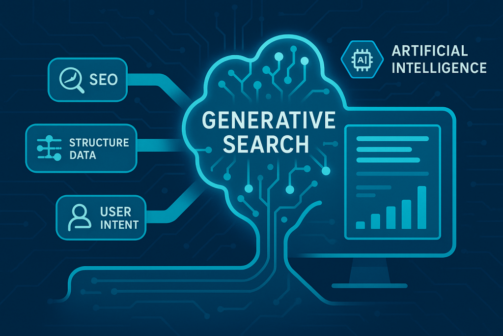 Generative search concept illustration with keywords SEO, structure data, user intent, and artificial intelligence, depicting the integration of AI in modern search strategies.