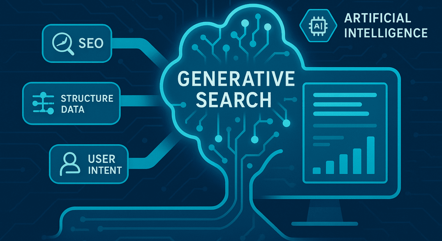 Generative Engine Optimization infographic illustrating AI-powered search with SEO, structured data, and user intent pathways enhancing generative search results.