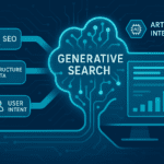 Generative Engine Optimization infographic illustrating AI-powered search with SEO, structured data, and user intent pathways enhancing generative search results.
