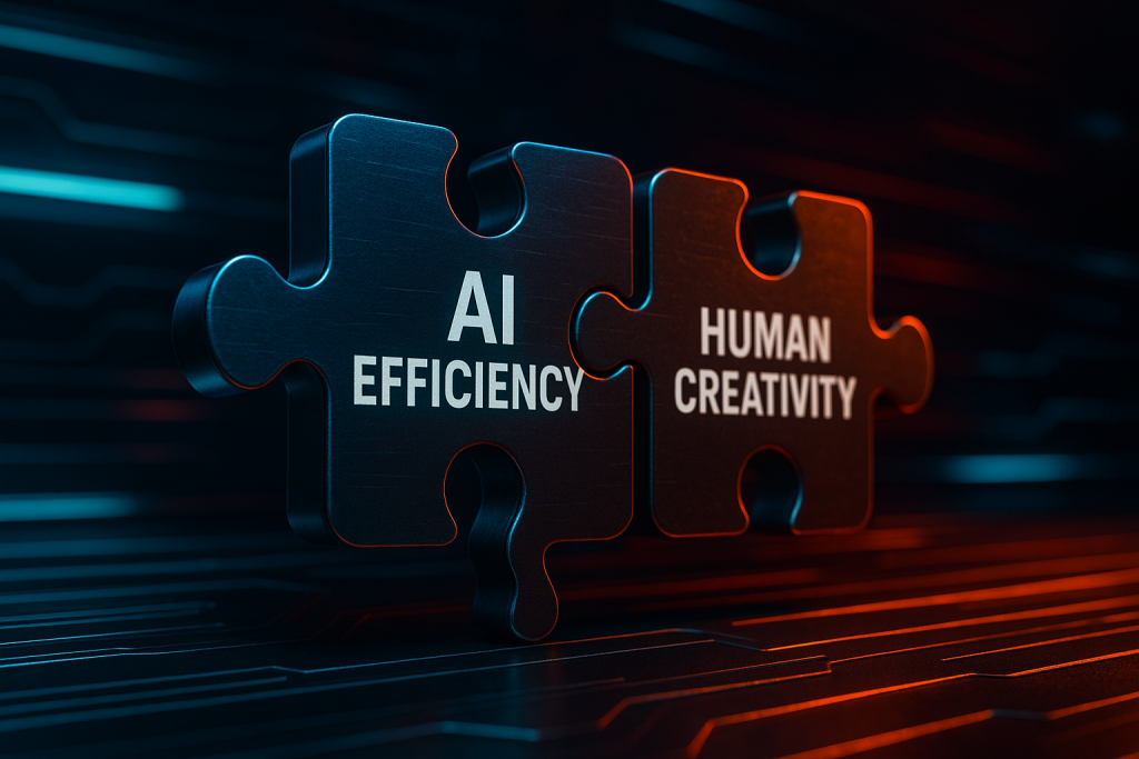 AI efficiency and human creativity puzzle pieces symbolizing hybrid marketing strategies in SaaS.