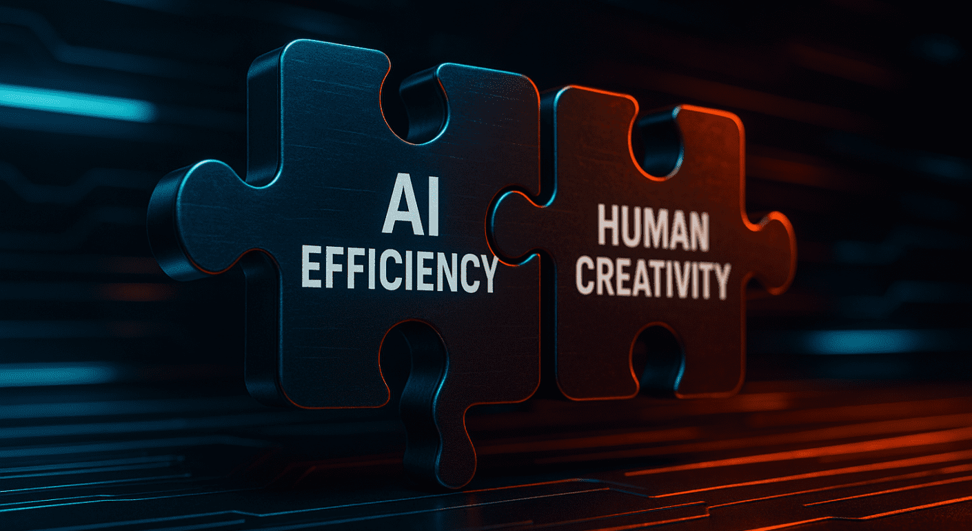 Two interconnected puzzle pieces labeled 'AI Efficiency' and 'Human Creativity', symbolizing the hybrid approach in SaaS marketing.