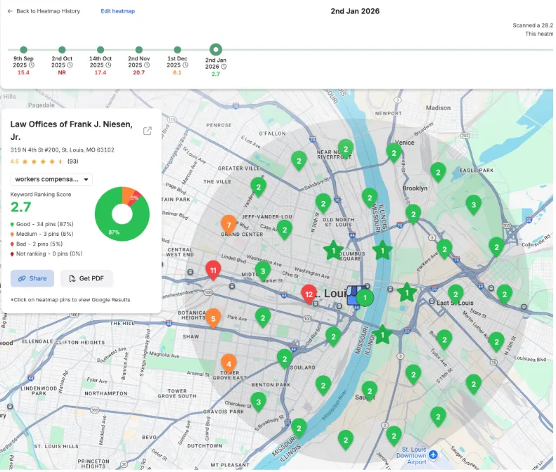 Local SEO heat map for Law Offices of Niesen, McDonough & Niesen showing 87% Green Zone rankings in January 2026