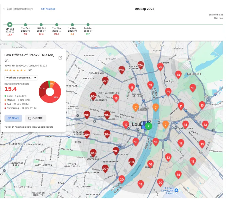 Local SEO heat map for Law Offices of Niesen, McDonough & Niesen showing 58% Bad Zone rankings in September 2025