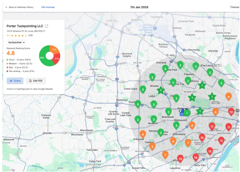 Local SEO heat map for Porter Tuckpointing showing 59% Green Zone rankings in January 2026