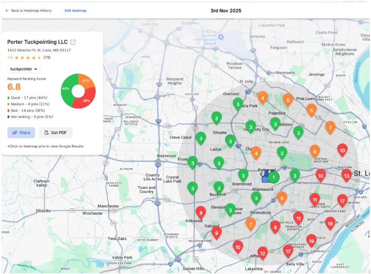Local SEO heat map for Porter Tuckpointing showing 36% Bad Zone rankings in November 2025