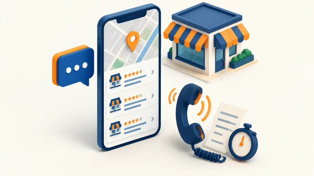 Listings, Chats, and Call Bills 1 Local business listings, chat, and call billing illustration