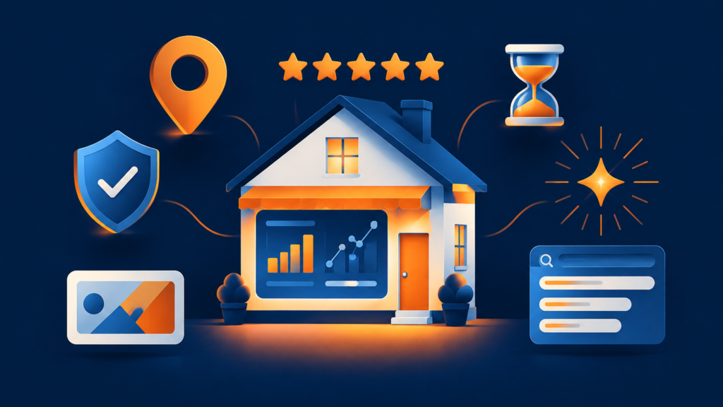 Flat navy and orange illustration of a small business storefront with a glowing analytics dashboard, surrounded by a map pin, five stars, a verification shield, an hourglass, an AI sparkle, and a search results panel