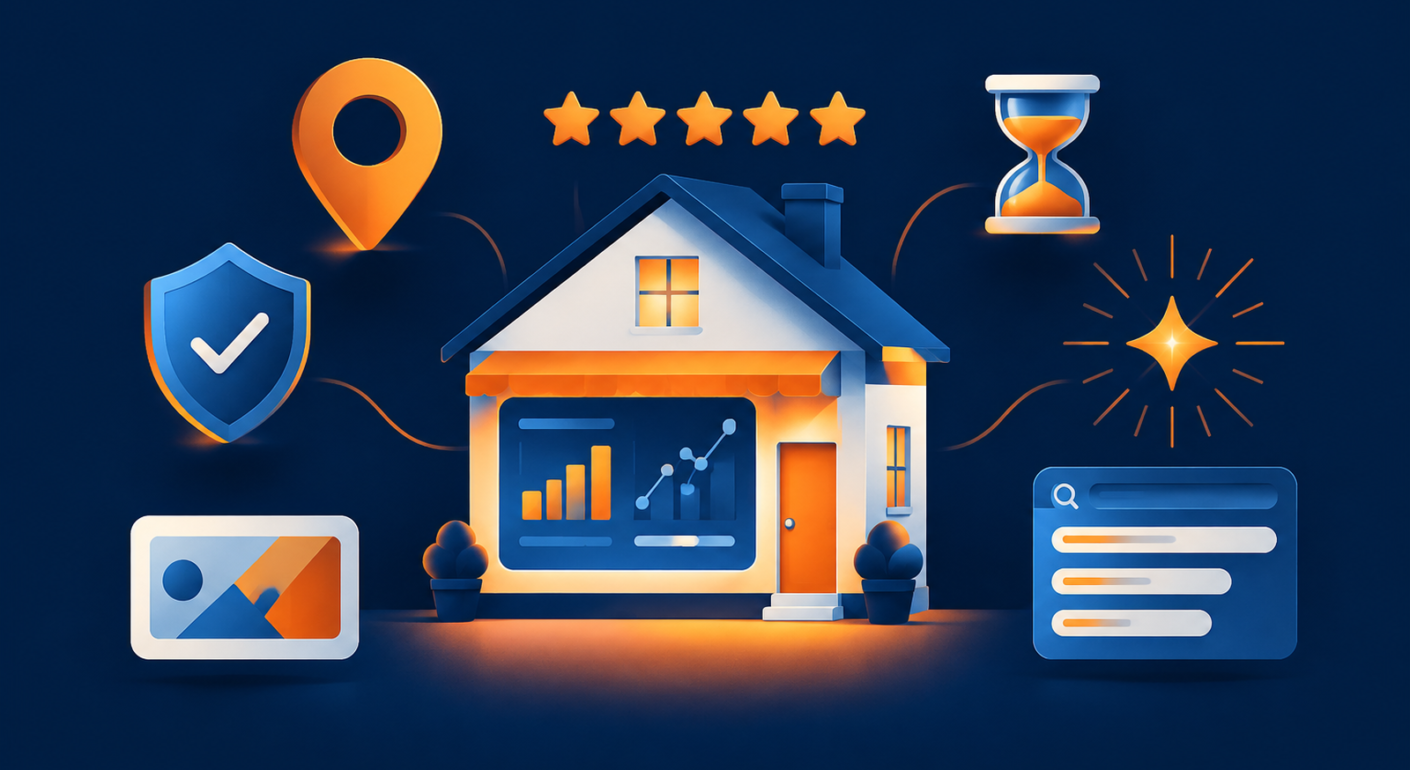 Flat navy and orange illustration of a small business storefront with a glowing analytics dashboard, surrounded by a map pin, five stars, a verification shield, an hourglass, an AI sparkle, and a search results panel