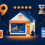 Flat navy and orange illustration of a small business storefront with a glowing analytics dashboard, surrounded by a map pin, five stars, a verification shield, an hourglass, an AI sparkle, and a search results panel