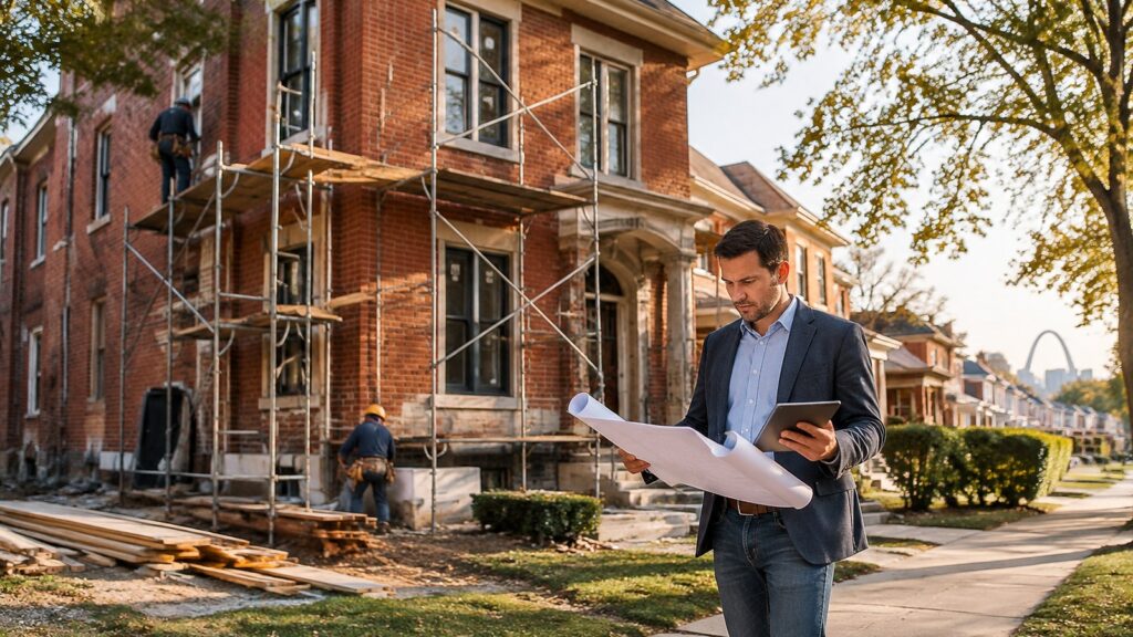 Hard money lenders St. Louis: an investor reviews rehab plans outside a brick home under renovation, Gateway Arch in the distance