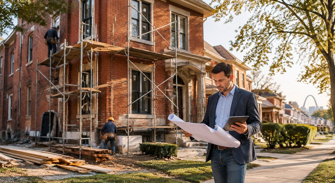 Best Hard Money Lenders in St. Louis (2026) 1 Hard money lenders St. Louis: an investor reviews rehab plans outside a brick home under renovation, Gateway Arch in the distance