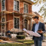 Hard money lenders St. Louis: an investor reviews rehab plans outside a brick home under renovation, Gateway Arch in the distance