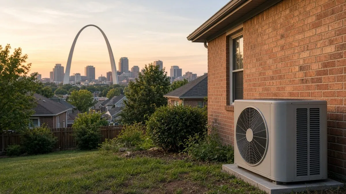 Residential air conditioning unit outside a St. Louis home