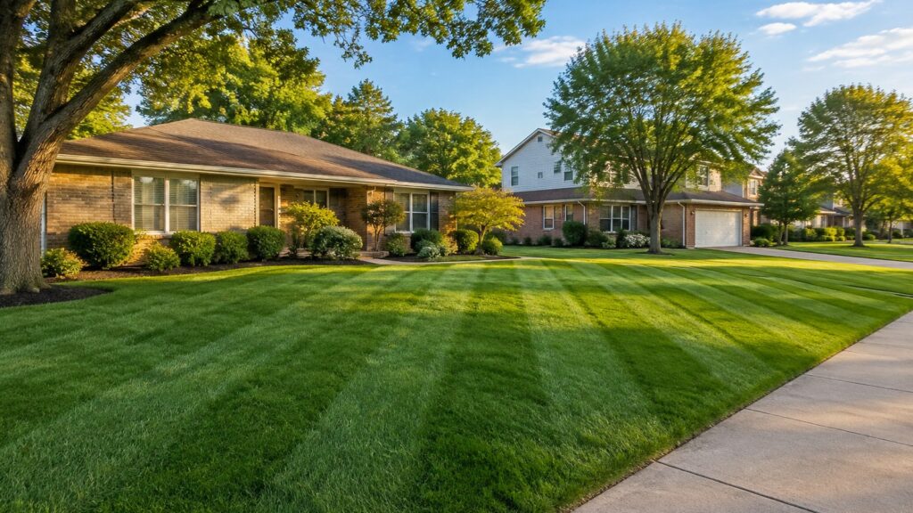 Lawn care Topeka homeowners want: a thick, striped green lawn in front of brick ranch homes