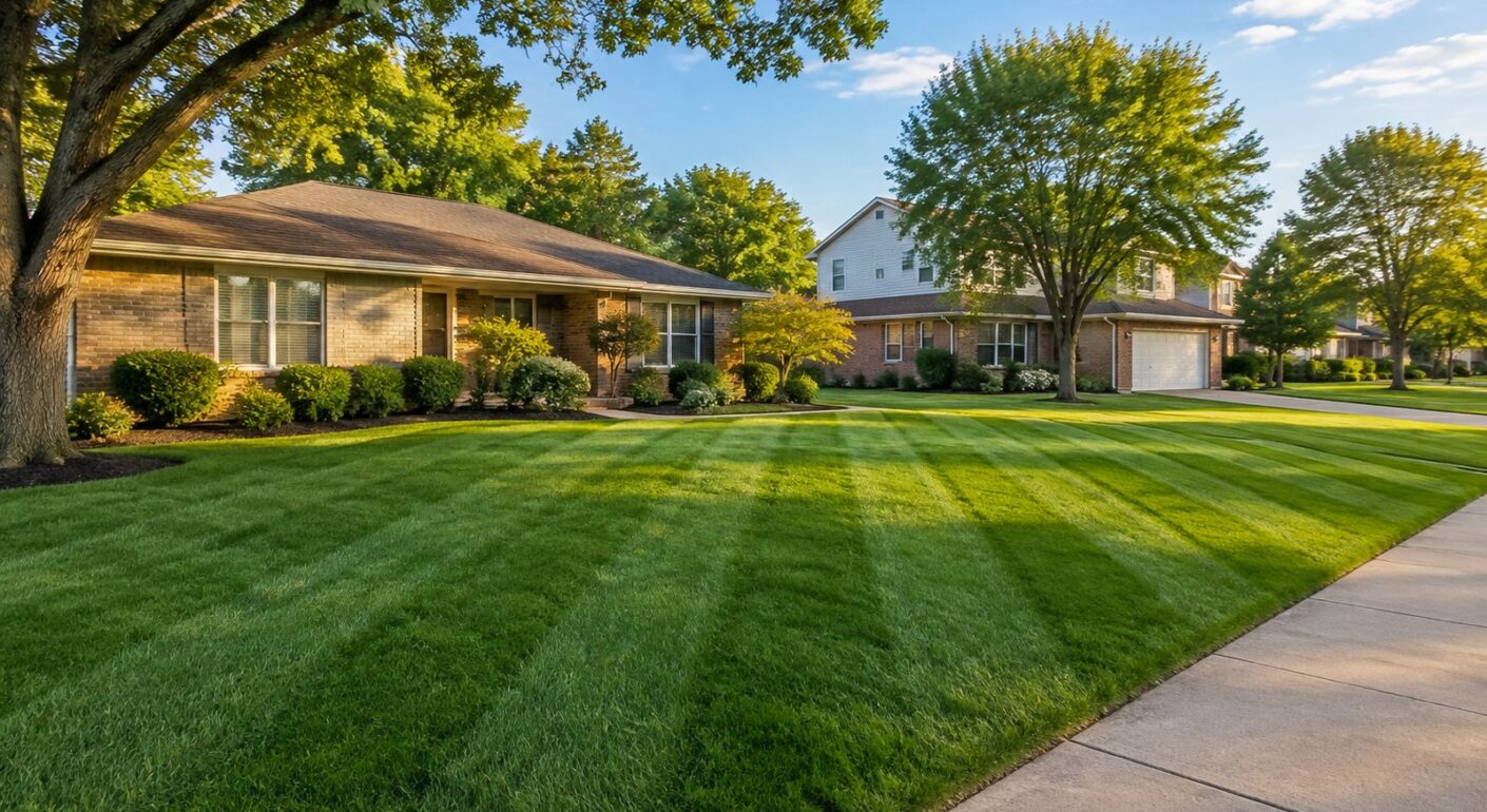 Best Lawn Care Service in Topeka, Kansas (2026) 1 Lawn care Topeka homeowners want: a thick, striped green lawn in front of brick ranch homes
