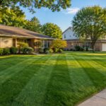 Lawn care Topeka homeowners want: a thick, striped green lawn in front of brick ranch homes