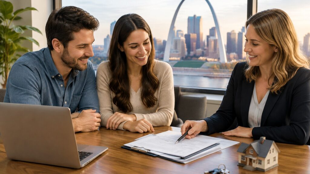 Mortgage brokers St. Louis: a couple reviews home loan papers with an advisor, Gateway Arch in the window