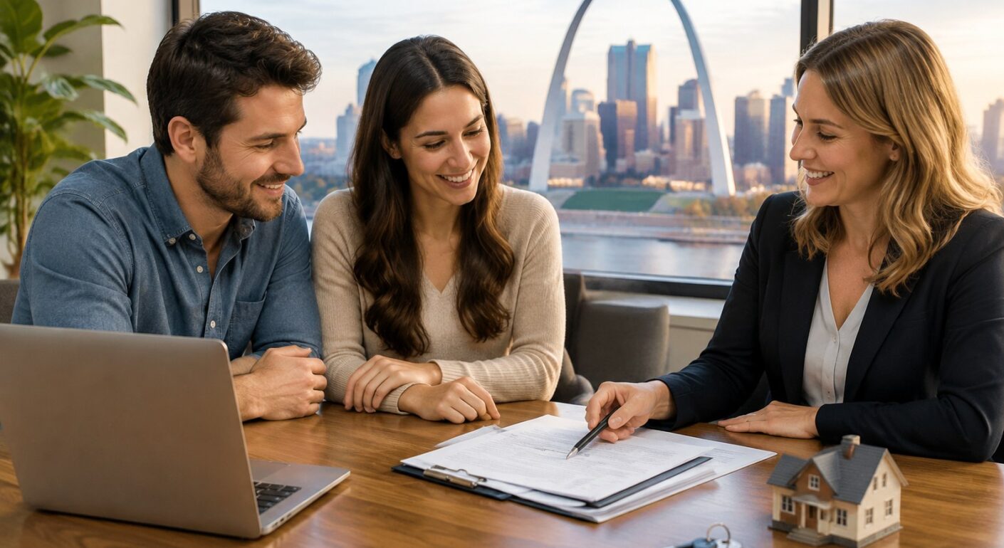 Mortgage brokers St. Louis: a couple reviews home loan papers with an advisor, Gateway Arch in the window