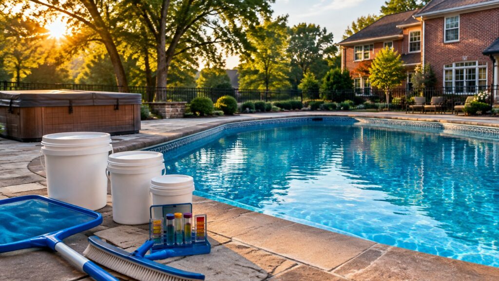Pool and spa supply St. Louis: water test kit, chemical buckets, skimmer net and brush beside a backyard pool and covered hot tub