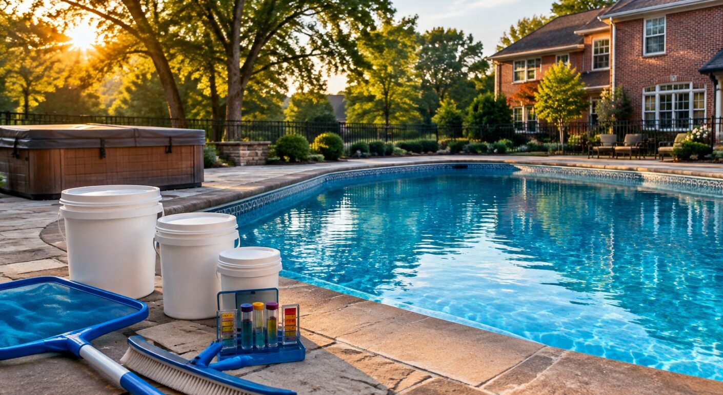Pool and spa supply St. Louis: water test kit, chemical buckets, skimmer net and brush beside a backyard pool and covered hot tub