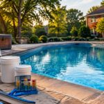 Pool and spa supply St. Louis: water test kit, chemical buckets, skimmer net and brush beside a backyard pool and covered hot tub