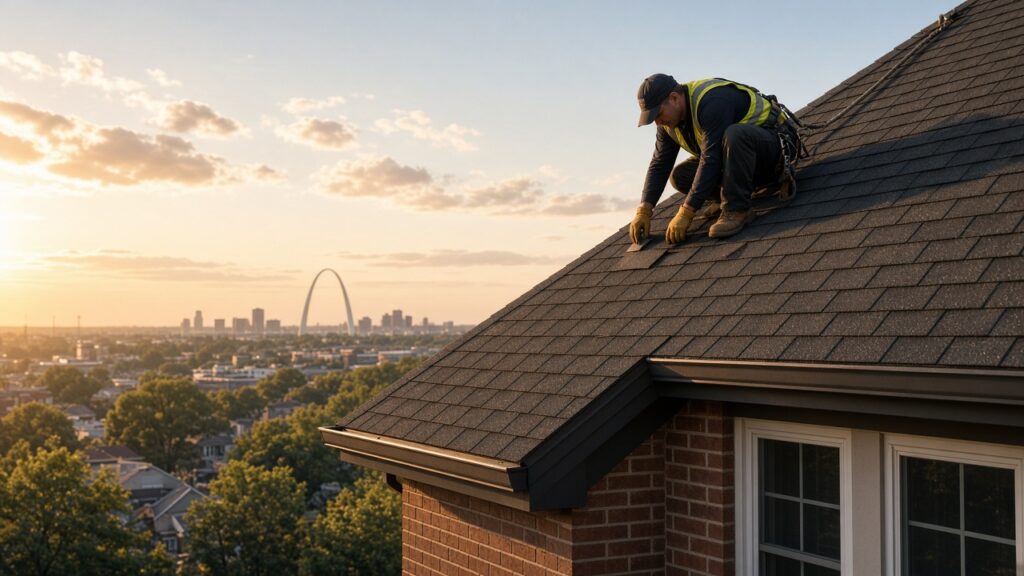 Roofer installing shingles on a St. Louis home with the Gateway Arch in the distance