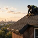 Roofer installing shingles on a St. Louis home with the Gateway Arch in the distance