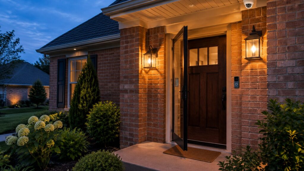 Security system companies St. Louis: brick home entryway at dusk with a security camera, video doorbell and keypad