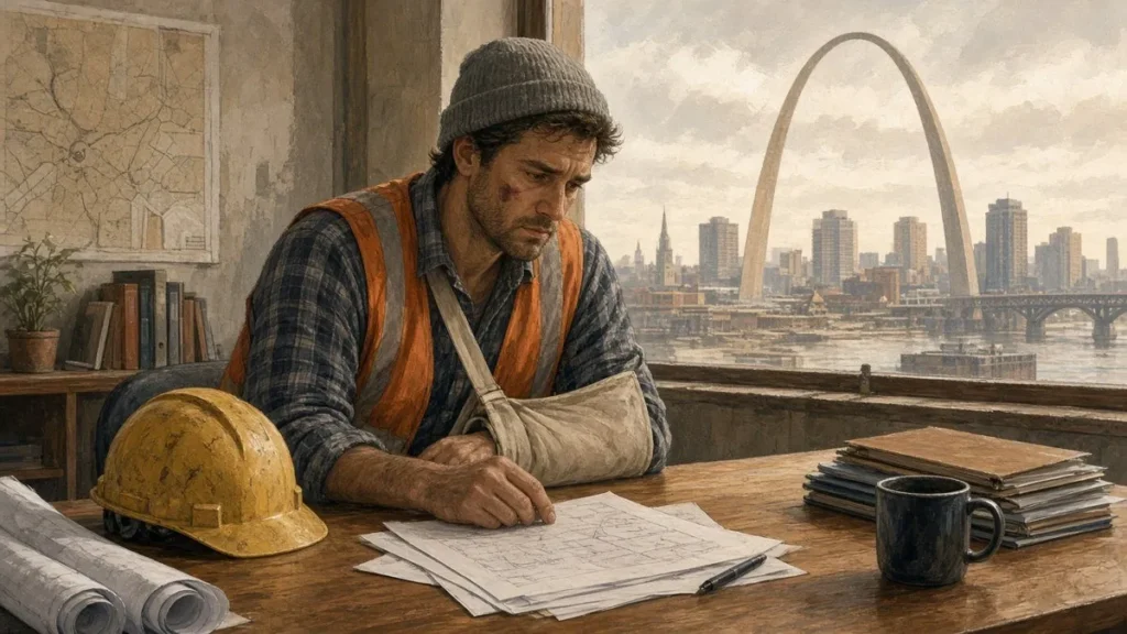 Injured worker with a hard hat and paperwork, St. Louis skyline in the background
