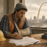 Injured worker with a hard hat and paperwork, St. Louis skyline in the background