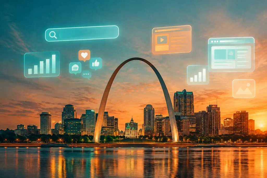 Illustration of the St. Louis skyline and Gateway Arch with digital marketing icons