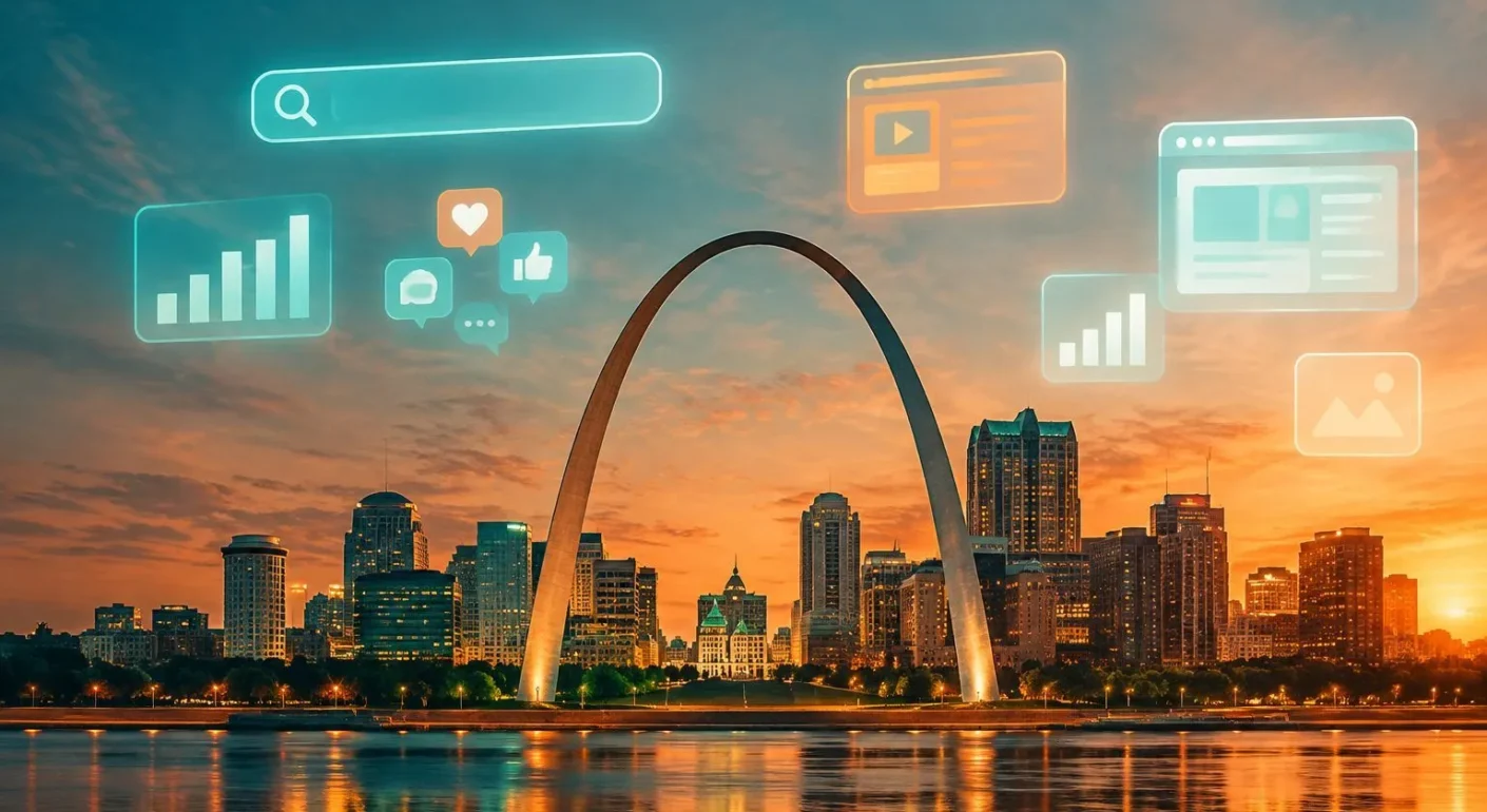 Illustration of the St. Louis skyline and Gateway Arch with digital marketing icons