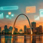 Illustration of the St. Louis skyline and Gateway Arch with digital marketing icons