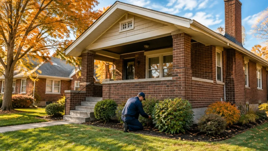 Kansas City home exterior with pest control technician inspecting the foundation
