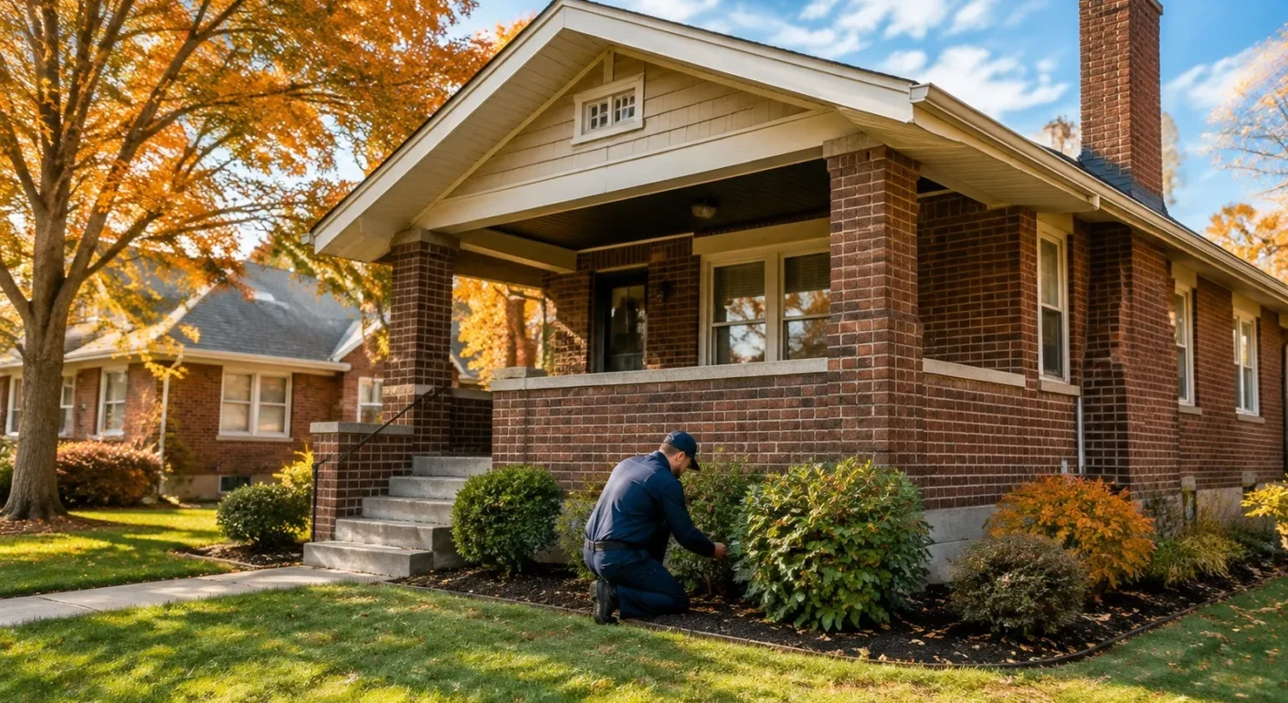 Kansas City home exterior with pest control technician inspecting the foundation