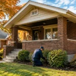 Kansas City home exterior with pest control technician inspecting the foundation