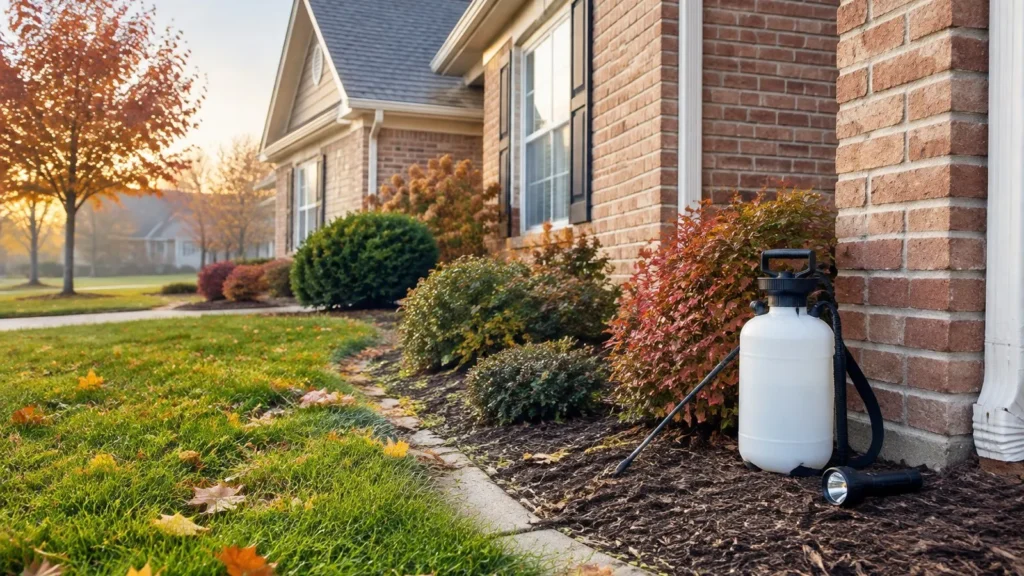 Lenexa-area brick home in autumn with a pest control sprayer and flashlight by the foundation