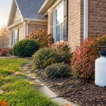 Lenexa-area brick home in autumn with a pest control sprayer and flashlight by the foundation